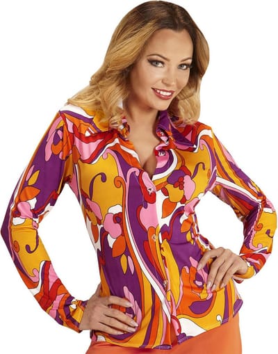 Jaren 70 discoshirt Groovy Orchidee
