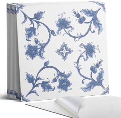 Coloray Plaktegels - Bloemenpatroon op de achtergrond Portugese Tegels - 30 cm x 30 cm - Blauw Plaktegels - 9 stuks - Vierkant PVC Tegels - Plaktegels Keuken - Zelfklevende Vloertegels - Vinyltegels Vloer Zelfklevend - Zelfklevende Tegels