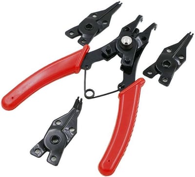 4-in-1 Retaining Pliers voor het Monteren en Verwijderen van Retaining Ringen - Interne en Externe Ringen met 4 Verwisselbare Kaken, 5 Inch, Handgereedschap voor Klussen