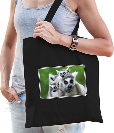 Dieren tasje met maki apen foto - zwart - voor volwassenen - natuur / ringstaart maki cadeau tas