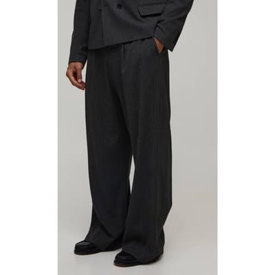 Gestreepte Wijde Pijpen Plooivoorkant Gesneden Pantalon | Charcoal | Size 30