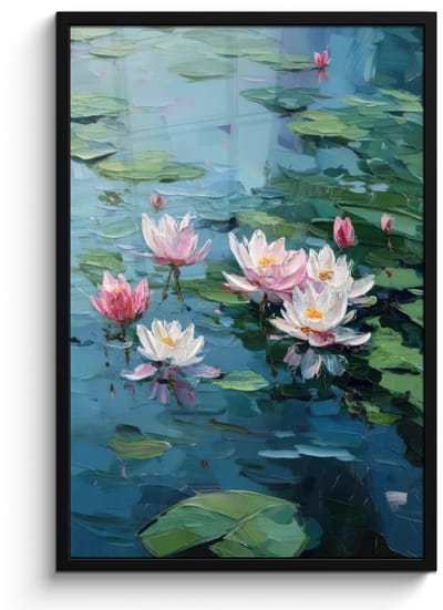 Poster in lijst - Fotolijst 60x90 cm - Posters - Waterlelies - Bloemen - Roze - Water - Posterlijst zwart - Decoratie - Wanddecoratie woonkamer - Muurdecoratie slaapkamer
