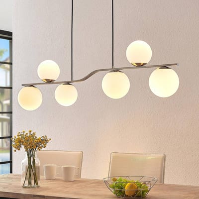 Lindby - hanglamp - 6lichts - Glas, metaal - H: 32 cm - E14 - wit, nikkel gesatineerd