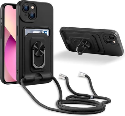 Telefoonhoesje met koord Geschikt voor: Apple iPhone 13 - Pasjeshouder - Camerabeschermer - Magnetische Ringhouder - FuturiQ - Zwart