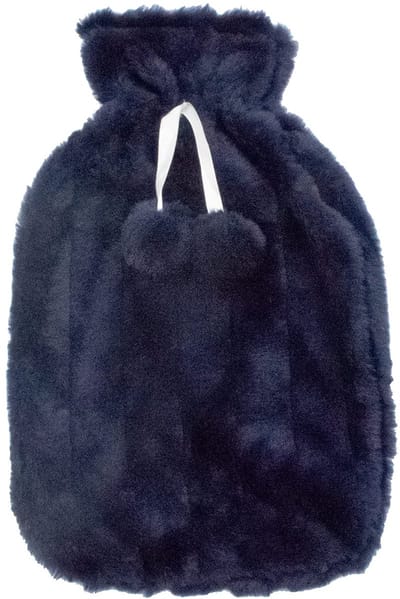 Allecto - Warmwaterkruikhoes - Geschikt voor 2 liter fles - Fluffy - Navy Blauw met Pompoms - Comfortabel en warm - Perfect voor koude dagen - Stij...