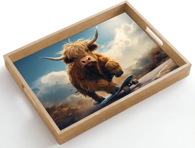 Dienblad hout 50x35 cm - Schootdienblad - Schotse hooglander - Hoorns - Skateboard - Borrelplank rechthoek - Plateau dienbladen