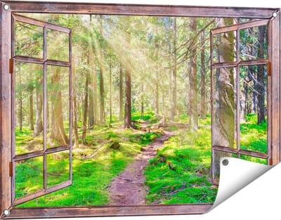 Gards Tuinposter Doorkijk Pad in Bos met Zon tussen de Bomen - 90x60 cm - Tuindoek - Tuindecoratie - Wanddecoratie buiten - Tuinschilderij