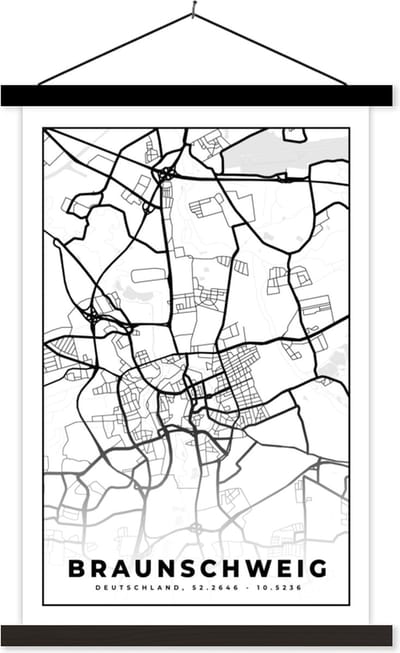 Posterhanger incl. Poster 40x60 cm - Schoolplaat - Braunschweig - Plattegrond - Kaart - Stadskaart - Textielposter - Zwarte latten - Stadskaart