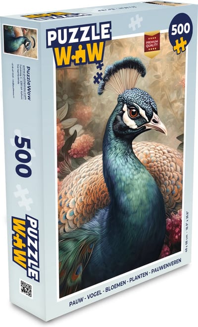Puzzel Pauw - Vogel - Bloemen - Planten - Pauwenveren - Legpuzzel - Puzzel 500 stukjes