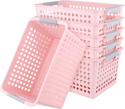 Set van 6 Roze Opbergmanden van Plastic met Handvat, 27 x 18 x 14 cm, Ideaal voor Organisatie en Opslag