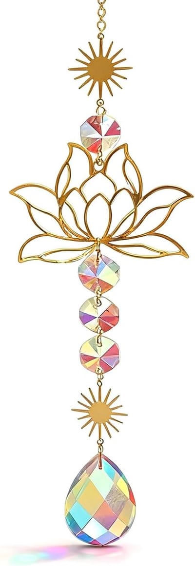 Zonnevangst kristal, elegant raamvangst in messing en glas, 41 cm lotusmobiel voor woonkamer, balkon en tuin, decoratief windbel met kleurreflecties