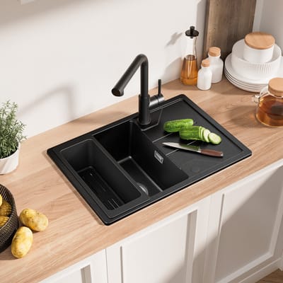CECIPA max Granieten Spoelbak Zwart - 65x45cm Grantien Spoelbakken Keuken - Spoelbak Met Planchet en Afvoermand - Spoelbakken Incl. Sifon en Afvoerzeefje