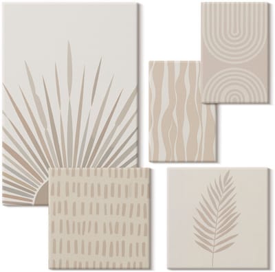Wallfluent Set van canvas schilderijen - Stijlvolle decoraties in tinten van natuur en geometrische patronen Canvas Schilderijen Set - Set van 5 Canvas Schilderijen - Beige Set van Canvas Prints - Abstractie Canvas Kunst Set