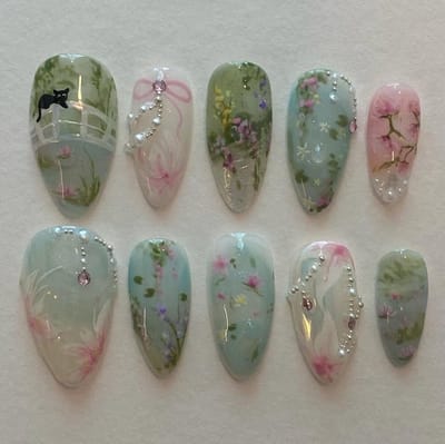Dailygoods- Nepnagels Amandelvorm - 24 Stuks - Plaknagels met Lijm - Schattige Kat Bloem Ontwerp - Volledige Dekking - Handgemaakt Acrylnagels - Kunstnagels
