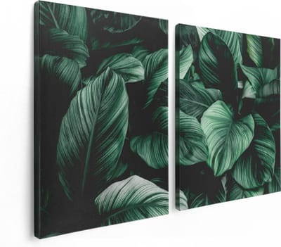 Artaza Canvas Schilderij Tweeluik Tropische Groene Bladeren - 120x80 cm - Wanddecoratie Woonkamer - Schilderijen - Muurdecoratie