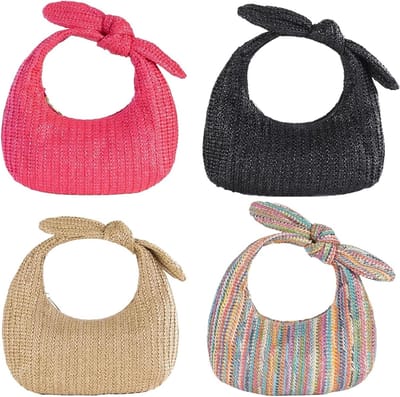 Gehaakte tassen for dames Dames geknoopte stro clutch portemonnee met strik zomer strand handtas ritssluiting
