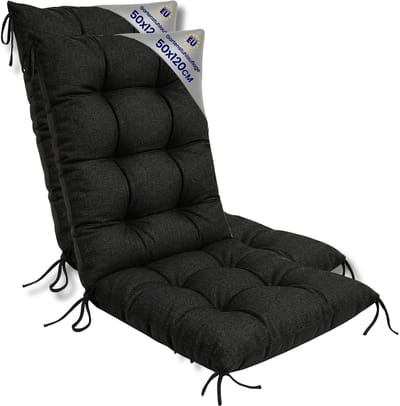 Tuinstoelkussens Hoge Rug Set: 2x 50x120 cm - Kussens voor Tuinstoelen & Standenstoel Terrasstoel Grafiet Eco linnen Stoelkussens Tuin Zitkussen Extra Dik 10 cm met Bindlinten