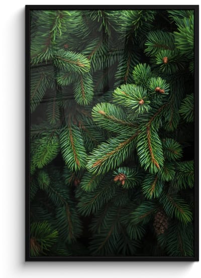 Poster in lijst - Fotolijst 80x120 cm - Posters - Sparrentakken - Knoppen - Naalden - Groen - Posterlijst zwart - Decoratie - Wanddecoratie woonkamer - Muurdecoratie slaapkamer