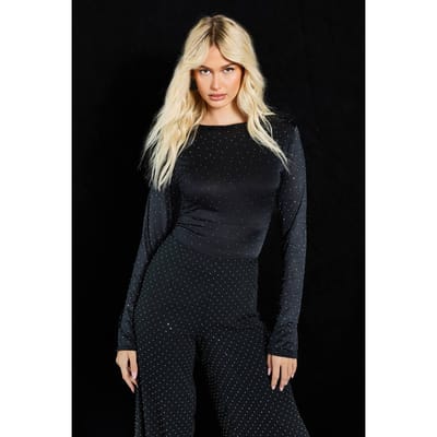 boohoo Dames Hotfix Slinky lange mouwen ronde hals bodysuit | Zwart | Maat: 36