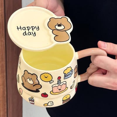 Schattig Cartoon Meisje Dieren Aaien Graffiti Hoge Kantoor Waterbeker met Deksel Leuke Mok Student Keramische Beker 400ML