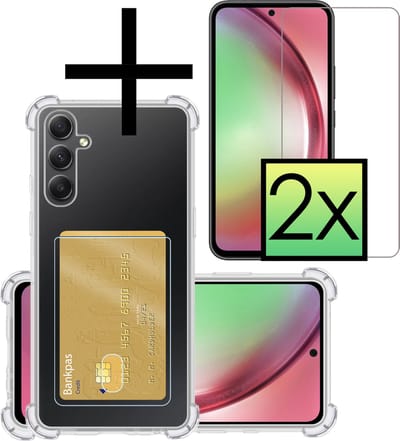 Hoesje - Geschikt voor Samsung Galaxy A54 - Met 2x Screenprotector - Pashouder - Kaarthouder - Telefoon Hoes Shockproof - Siliconen Case - Back Cover - Shock Proof - Pasjes Houder - Transparant