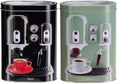 Koffie bewaarblik - metaal - retro koffiemachine set - groen - 13x8x19 cm - cups/bonen/filterkoffie