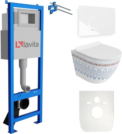 LAVITA® Inbouwreservoir Complete Toiletset LAV 101 - Inbouw WC Hangtoilet Wandcloset SOFI SLIM FOLKLOR - Bedieningsplaat 200.4.1 Wit - Voorwandelement voor toilet 40cm - Installatiesysteem