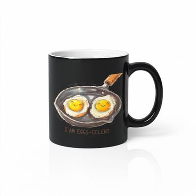 “I Am Eggs-cellent” Zwarte Magic Mok – Schattige Gebakken Eieren in Pan Print – 330 ml Warmtegevoelige Koffiebeker