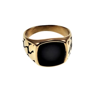 Zegelring Heren - Gepolijst Verguld RVS - Staal Goudkleurig Ring met Onyx