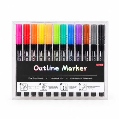 Set met 12 contourpennen - metallic glanzende dubbele lijnen - uitvoering C met houder - verpakking van 154 g