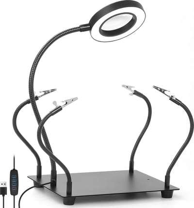 Vergrootglas met licht en standaard, helpende handen voor het solderen met metalen bordhouder, 4 flexibele metalen armen, magnetische helpende hand voor solderen, montage, reparatie, hobby, handwerk