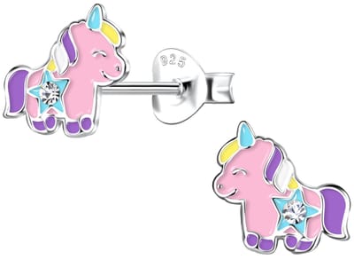 Joy|S - Zilveren baby eenhoorn oorbellen - 9 x 7 mm - roze met turquoise ster - kristal - unicorn oorknoppen - kinderoorbellen