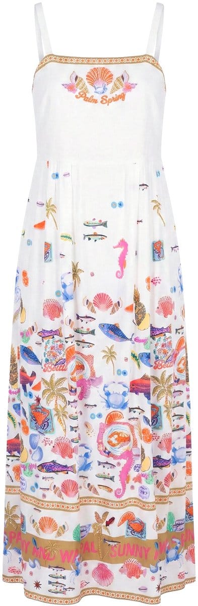 Angel of Style - Dames - Midi-jurk A-lijn bonte kleurenpatronen spaghettibandjes - Sneeuwwit - Maat 50