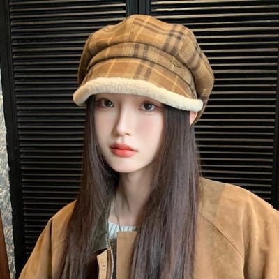 Béret à carreaux à poils doux et polyvalent pour femmes en automne et en hiver, chapeau octogonal décontracté plus velours épaissi, chapeau de peintre chaud et chaud average size beige
