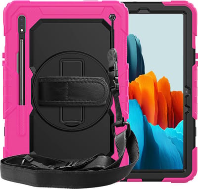 Tablethoes Kidscase Geschikt voor: Samsung Tab S7 11.0 T870 & Samsung Galaxy Tab S8 Tablet - Armor Case - Schermbeschermer - ShockProof - Handstrap - met Schouderband - Zwart / Roze - ZT Accessoires