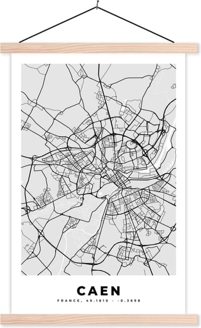 Posterhanger incl. Poster 40x60 cm - Schoolplaat - Frankrijk - Plattegrond - Kaart - Caen - Stadskaart - Textielposter - Blanke latten - Stadskaart