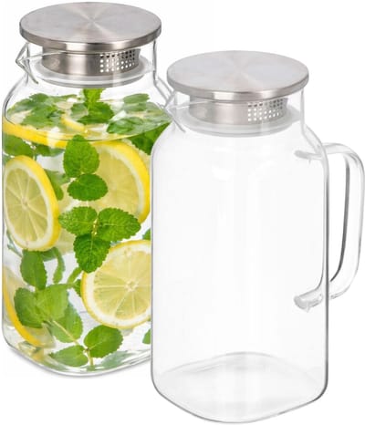 Vivalto Water / sapkan - 2x - met RVS deksel - 1,5 ltr - boroscilaat glas - schenkkan