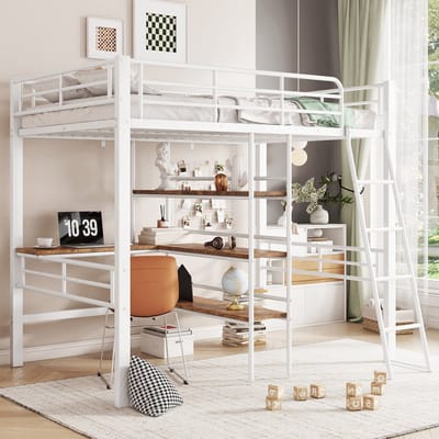 STILVORA Hoogslaper 90x200cm – met bureau & opbergrekken – Sterk metalen frame EN747 – Voor kinder/tienerkamer – Metaal – Wit Zonder matras