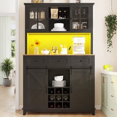 MODFU - Buffetkast - Met Led-Verlichting En Verstelbare Planken - Moderne Farmhouse-Stijl - Voor Keuken - MDF - Zwart - 105 X 38,4 X 180 Cm