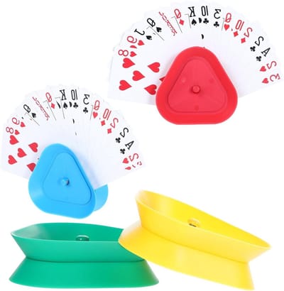 Allecto Plus - 4 stuks kleurrijke kaarthouders voor kinderen | Handsfree kaartstandaard - veilige grip | Driehoekige kunststof kaarthouder | Speelkaartenhouder met speelkaarten | Ideaal voor kinderen