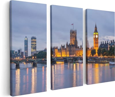 Artaza Canvas Schilderij Drieluik London Big Ben en Westminster Brug - 120x80 - Foto Op Canvas - Canvas Print