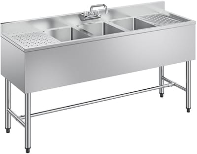 RVS 3-vaks keukenspoelbak - Horeca spoelbak - Dubbele afvoer - Spatwand - Inclusief kraan - Afmeting 152,4 x 47 x 83,8 cm - Voor foodtrucks en privégebruik