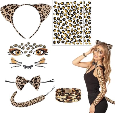 Leopard Kostuum Set met Oren, Haarbanden, Armbanden, Staart, Gezichtstickers en Tattoo Stickers voor Carnaval en Feestjes