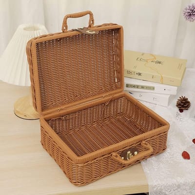 opbergmand, Panier Osier rieten mand met deksel rotan mand voor buiten geweven picknickbox(L-Primaire kleuren)