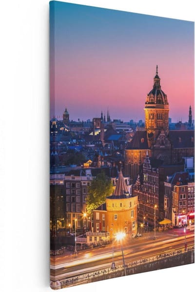 Artaza Canvas Schilderij Amsterdam - 80x120 cm - Groot - Wanddecoratie Skyline - Muurdecoratie Schemering - Schilderijen Op Canvas Grachten