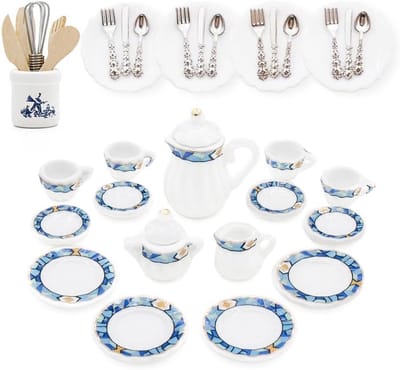 Odoria 1/12 Miniature Porcelain Teacup Set 15 Pieces Dollhouse Accessories with 16 Pieces Cutlery Plates Set and Baking Set Kitchen Miniatures, Mediterranean Blue
