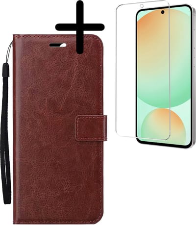 Hoesje Met Screenprotector - Geschikt voor Samsung Galaxy S24 FE - Luxe Pasjeshouder - Bookcase Portemonee - Flip Case - Kunstleer Book Case - Flipcase - Book Cover - Walletcase - Portemonneehoes - Bruin