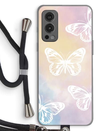 Case Company® - Hoesje met koord geschikt voor OnePlus Nord 2 5G hoesje met Koord - White butterfly - Telefoonhoesje met Zwart Koord - Bescherming aan alle Kanten en Over de Schermrand