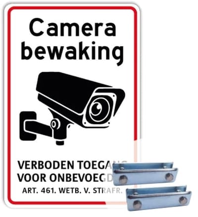 Bord Camerabewaking - Verboden toegang - rood - Weerbestendig Aluminium - 40x60 cm - Bevestiging: Met hekbeugels (voor spijlen- of gaashek)
