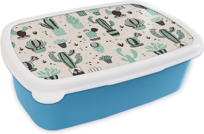 Broodtrommel Blauw - Lunchbox - Brooddoos - Patroon - Cactus - Pot - 18x12x6 cm - Kinderen - Jongen